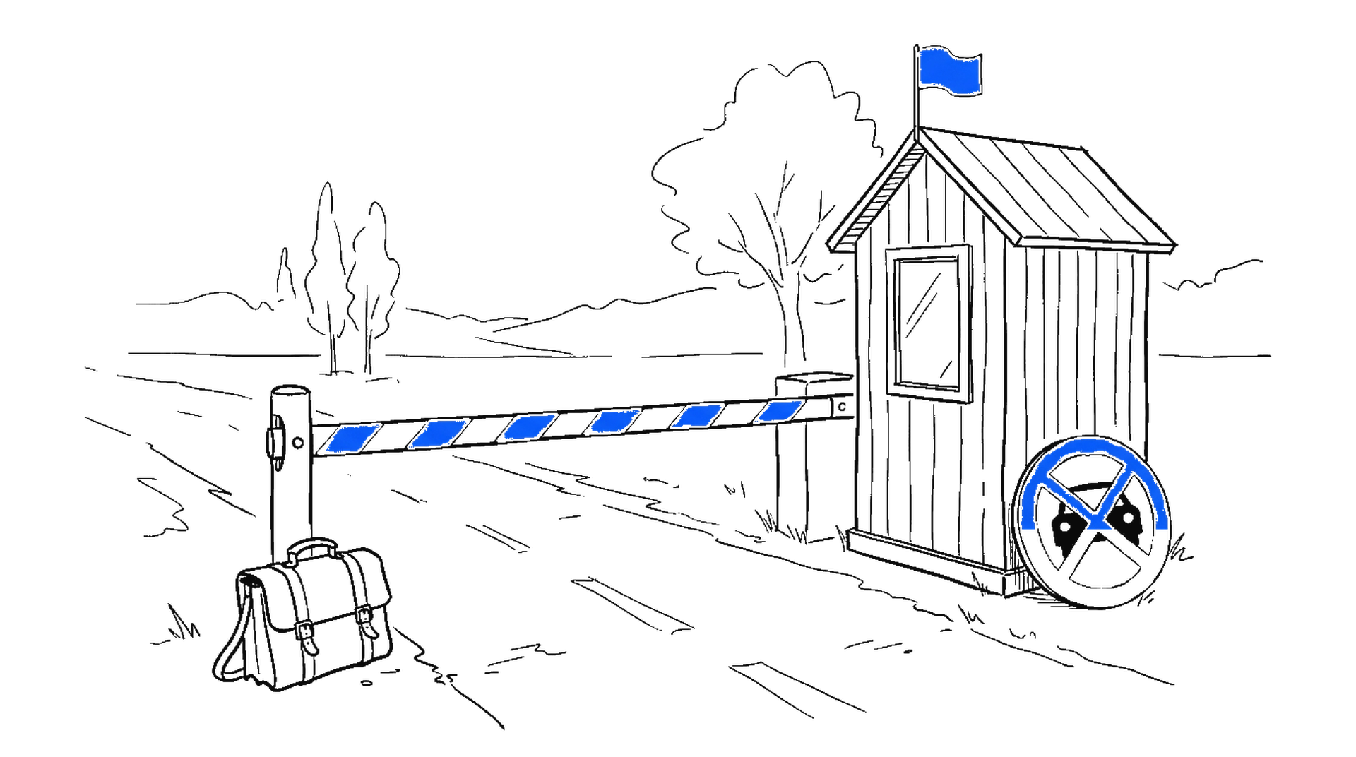 Illustration eines Grenzpostens mit gesenktem Schlagbaum, Aktentasche und beiseitegestelltem Verbotsschild, kinewsletter.ch Stil