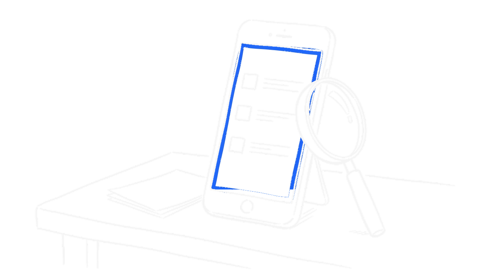 Handgezeichnete Illustration eines Android-Einrichtungsbildschirms mit leerer Suchmaschinen-Auswahlliste und Lupe, kinewsletter.ch Stil