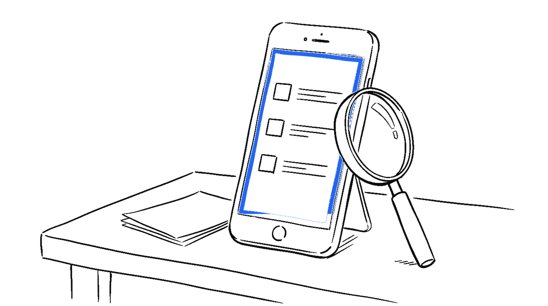 Handgezeichnete Illustration eines Android-Einrichtungsbildschirms mit leerer Suchmaschinen-Auswahlliste und Lupe, kinewsletter.ch Stil