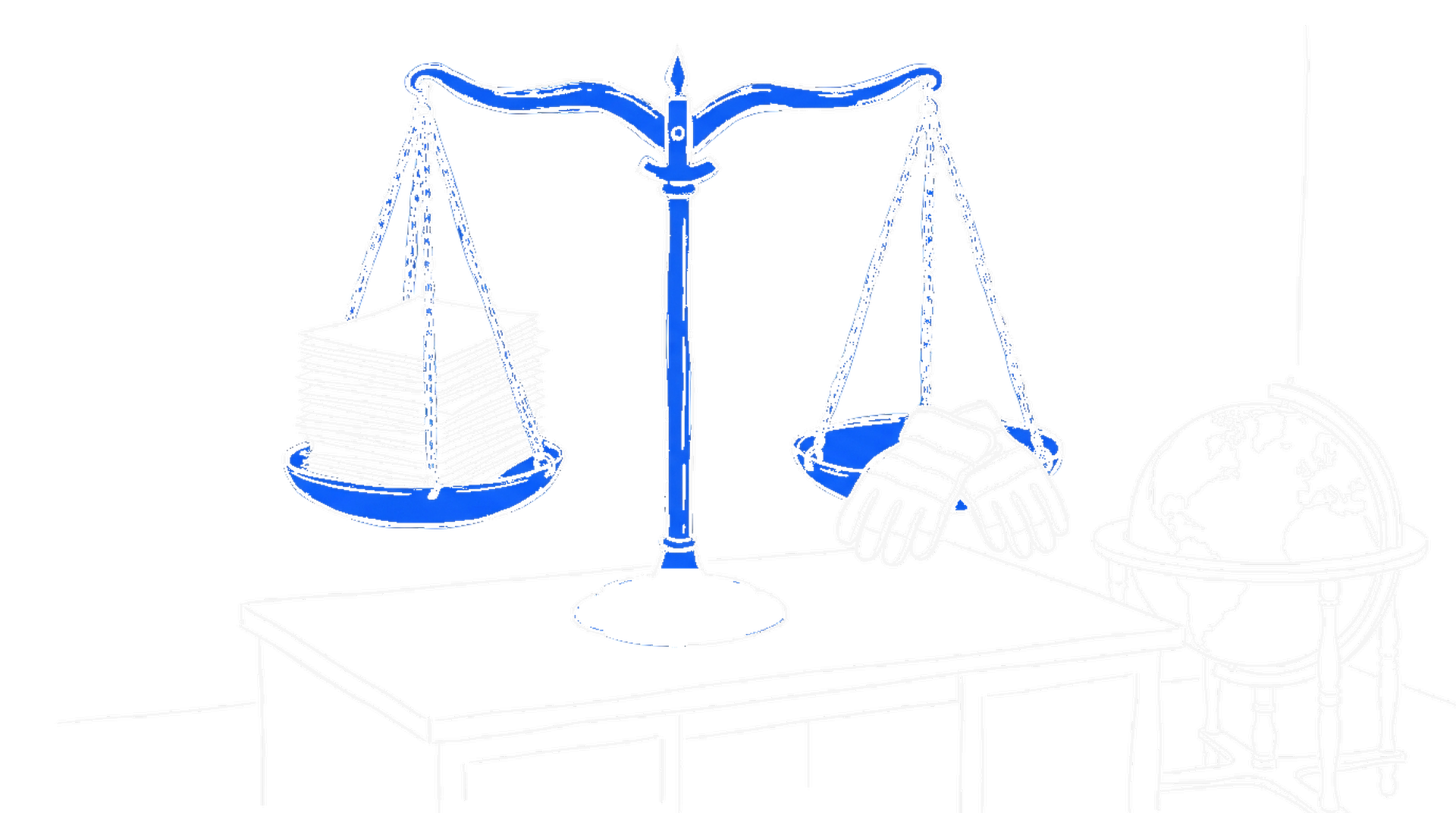 Illustration einer elektroblauen Balkenwaage mit Papierstapel und Arbeitshandschuhen auf den Schalen, daneben ein Globus, kinewsletter.ch Stil