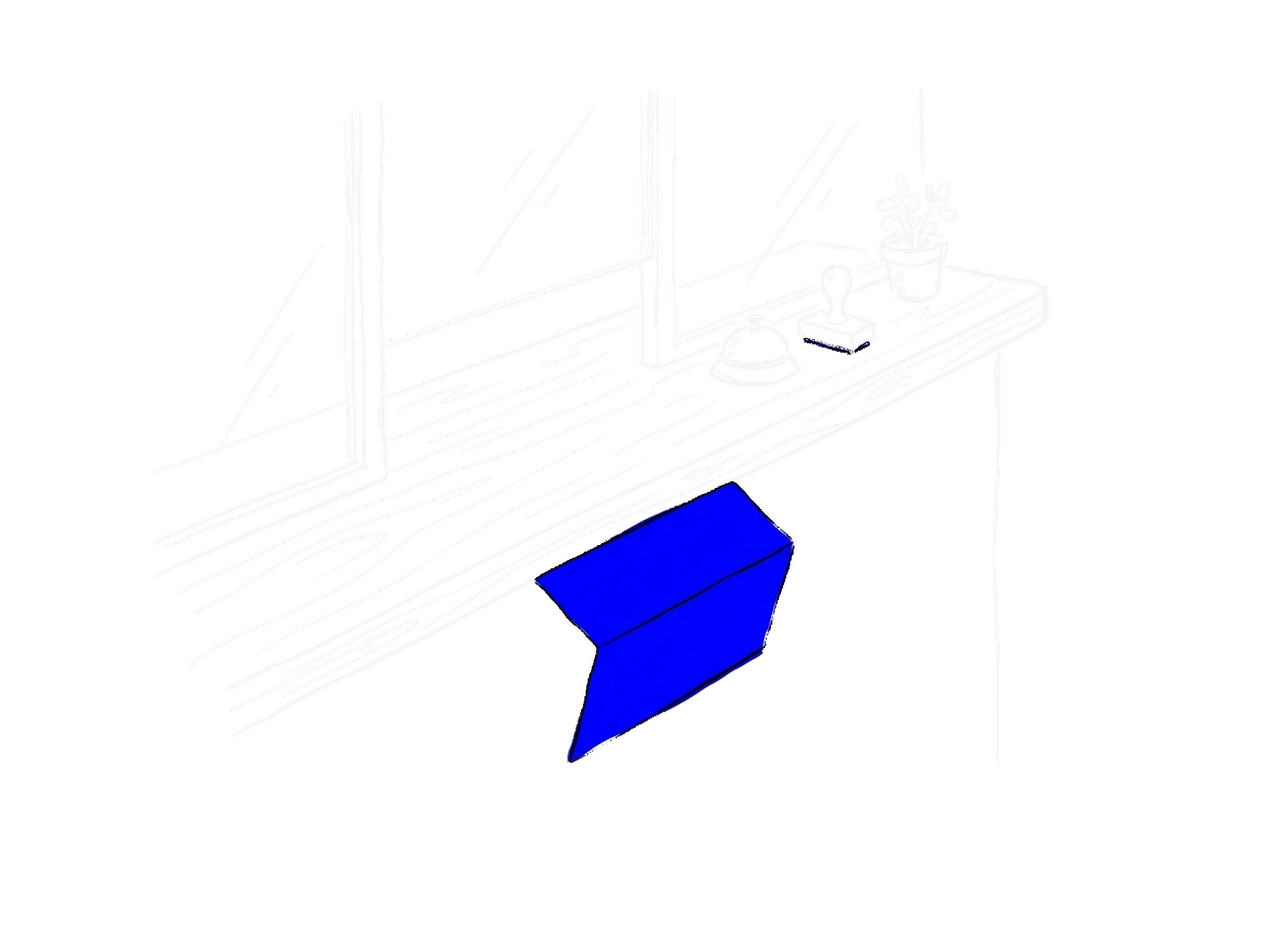 Schalter mit Glasscheibe und kleiner Tischglocke; unter der Tischkante auf der Seite der Angestellten steckt ein grosser, blau gefüllter gefalteter Zettel.