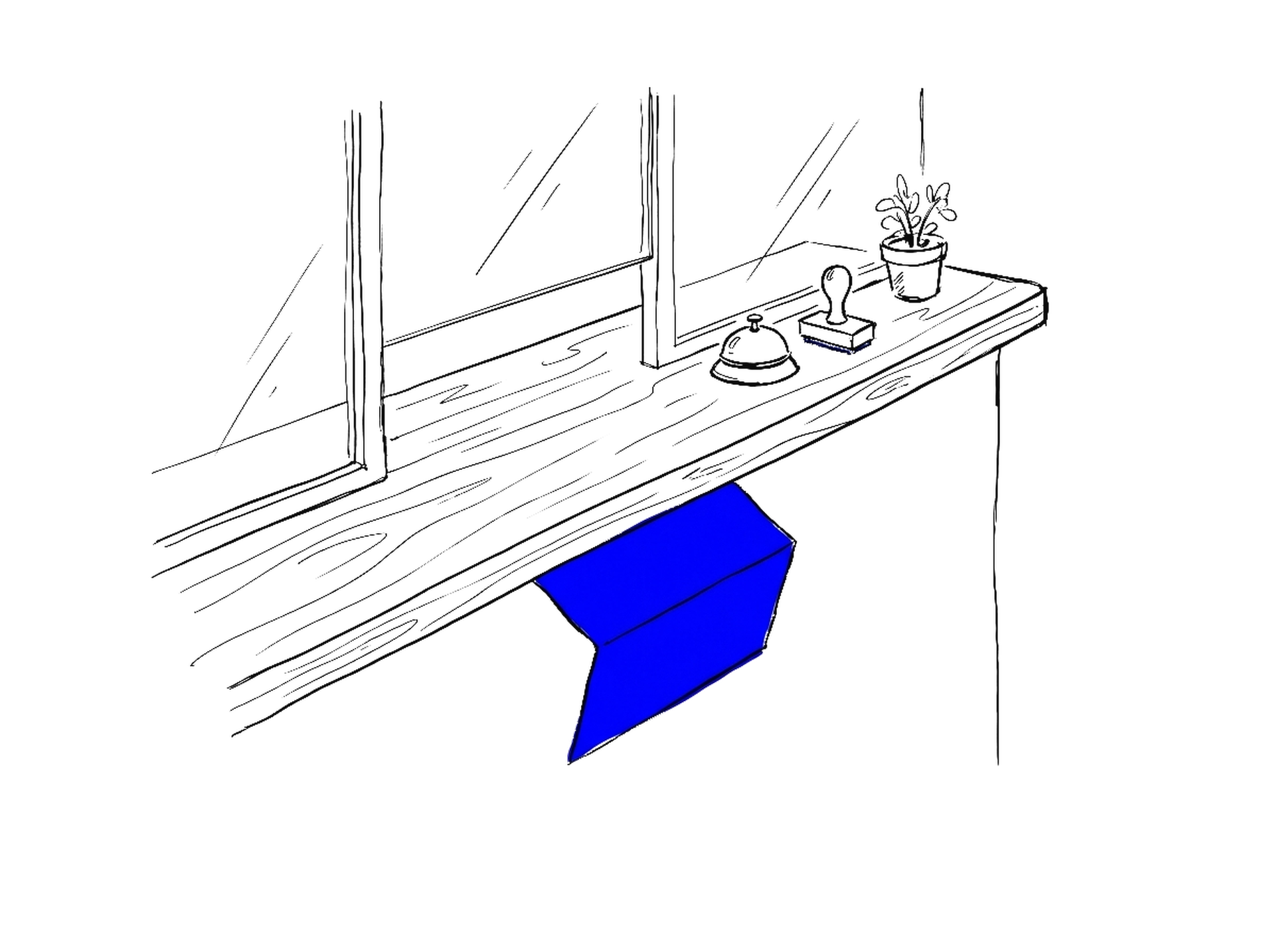 Schalter mit Glasscheibe und kleiner Tischglocke; unter der Tischkante auf der Seite der Angestellten steckt ein grosser, blau gefüllter gefalteter Zettel.