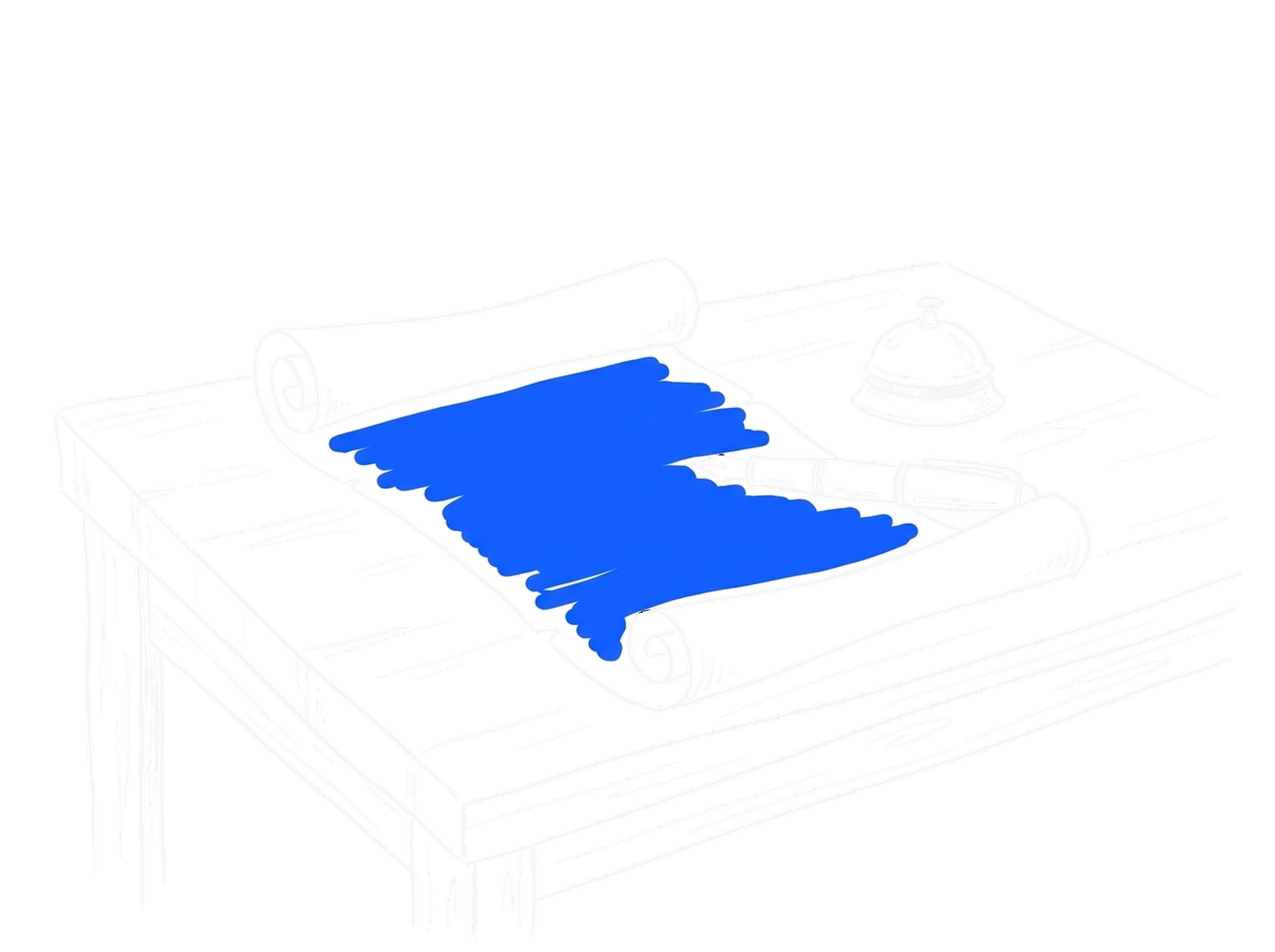 Tuschskizze einer aufgerollten Schriftrolle mit elektroblau gefüllter Fläche auf einem Holztisch, daneben ein Füllfederhalter und eine Tischglocke