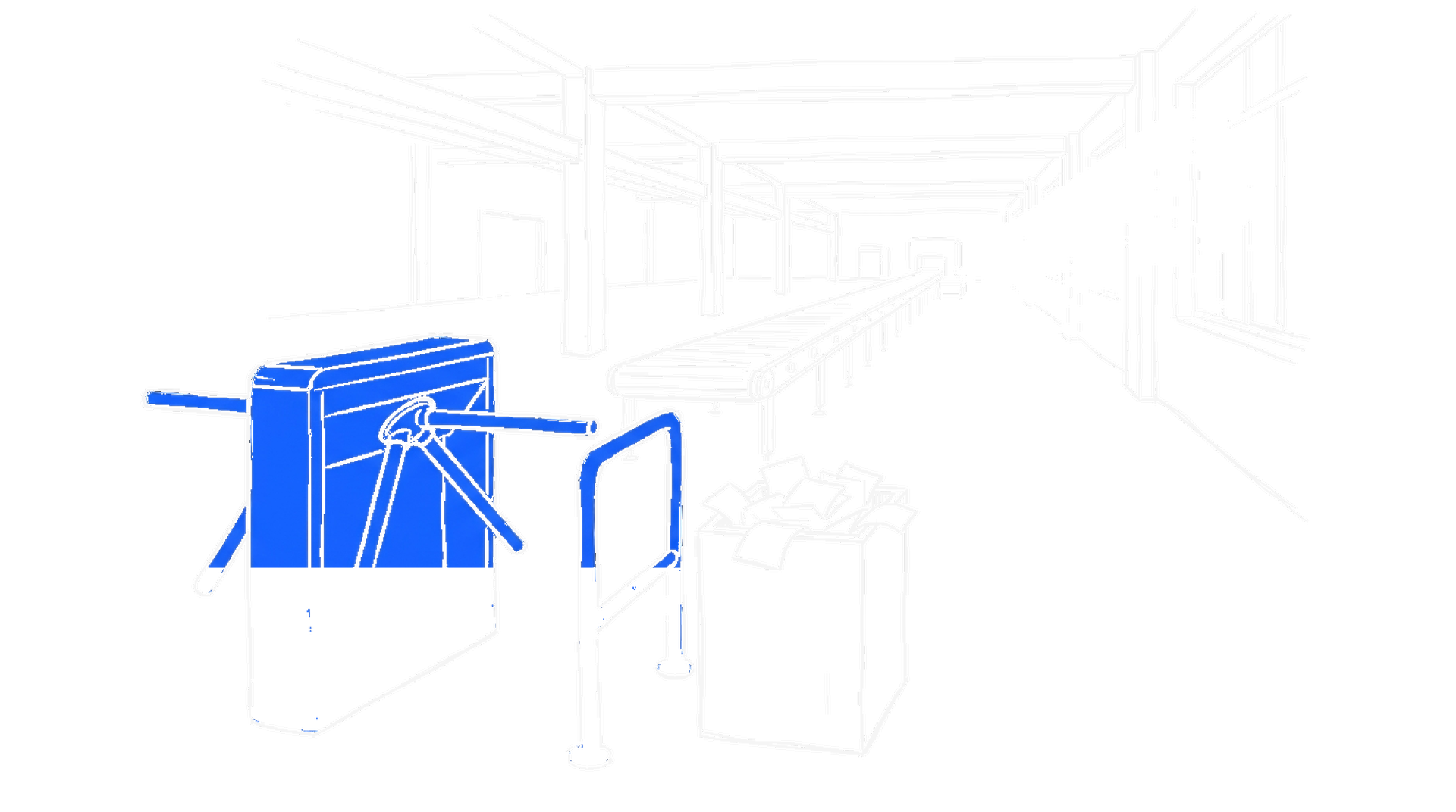 Illustration eines weit offenen blauen Drehkreuzes in einer leeren Fabrikhalle, daneben eine überquellende Holzbox mit Papierzetteln, kinewsletter.ch Stil