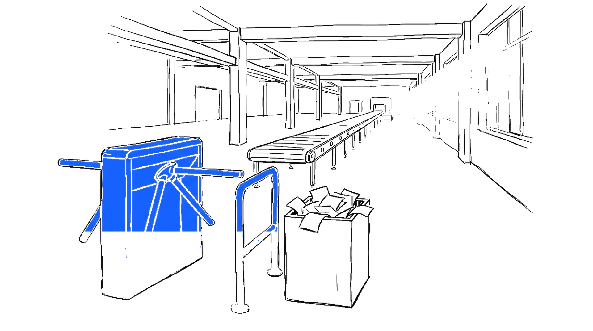 Illustration eines weit offenen blauen Drehkreuzes in einer leeren Fabrikhalle, daneben eine überquellende Holzbox mit Papierzetteln, kinewsletter.ch Stil