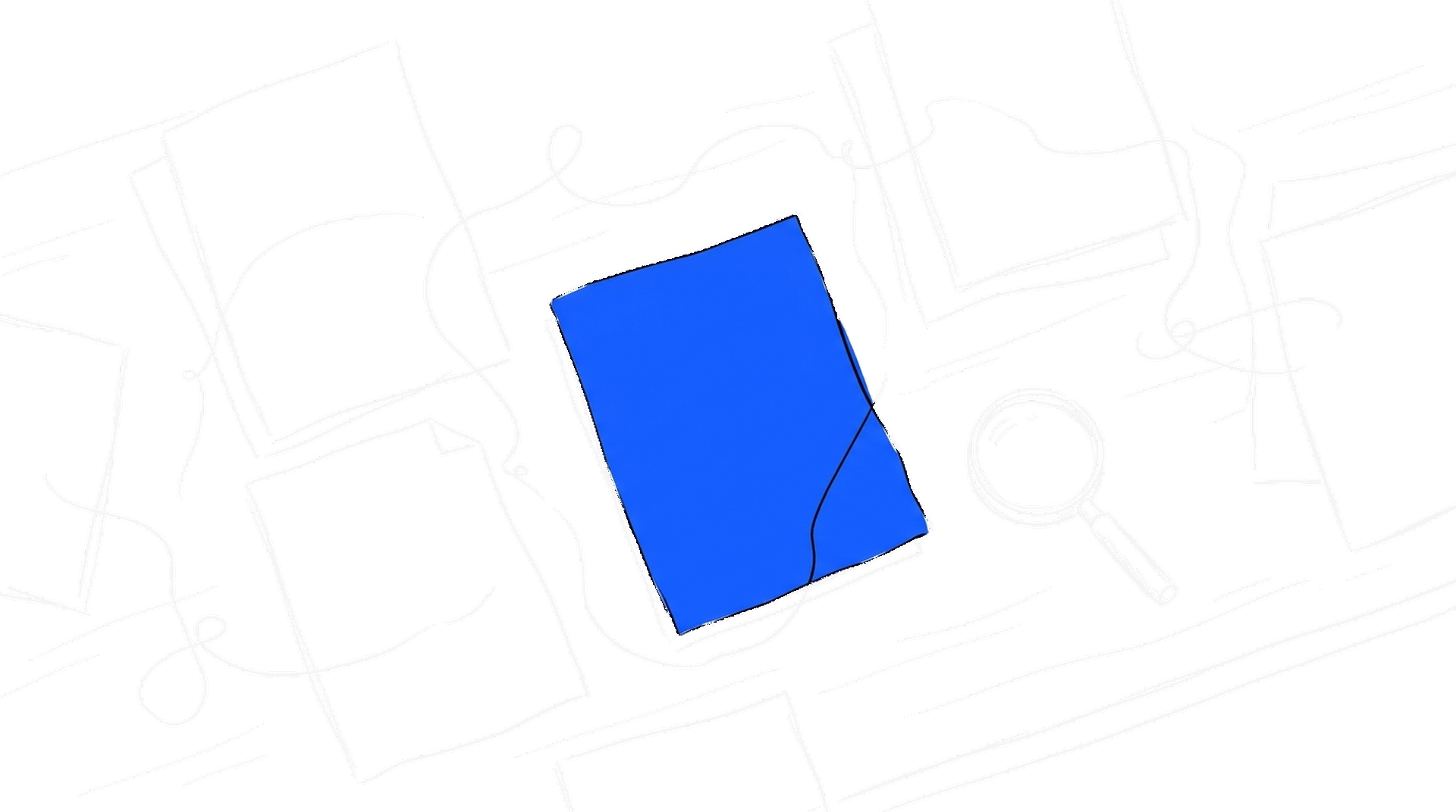 Handgezeichnete Illustration verstreuter Dokumentseiten mit blauem verbindendem Faden und Lupe, kinewsletter.ch Stil