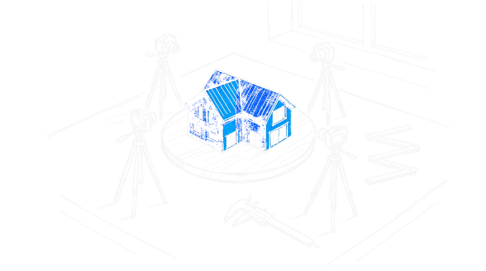 Illustration eines Tonmodells eines Hauses auf einem Drehteller, umringt von drei kleinen Stativkameras auf einer Werkbank, kinewsletter.ch Stil
