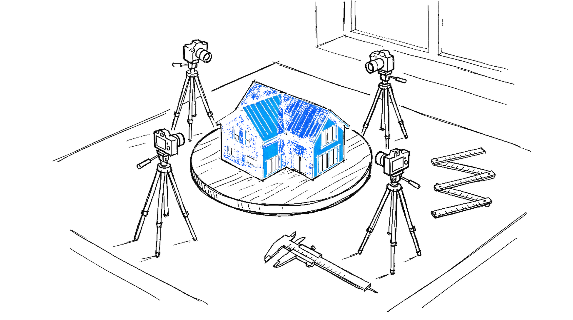 Illustration eines Tonmodells eines Hauses auf einem Drehteller, umringt von drei kleinen Stativkameras auf einer Werkbank, kinewsletter.ch Stil