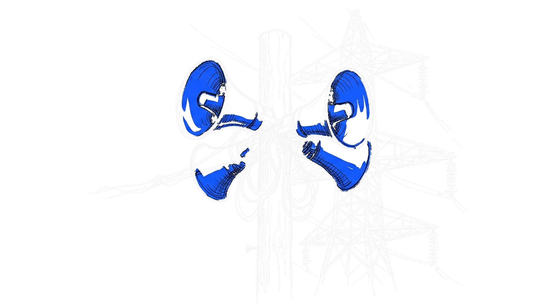 Illustration von drei grossen Lautsprechertrichtern an einem Holzmast vor einem Strommast, kinewsletter.ch Stil