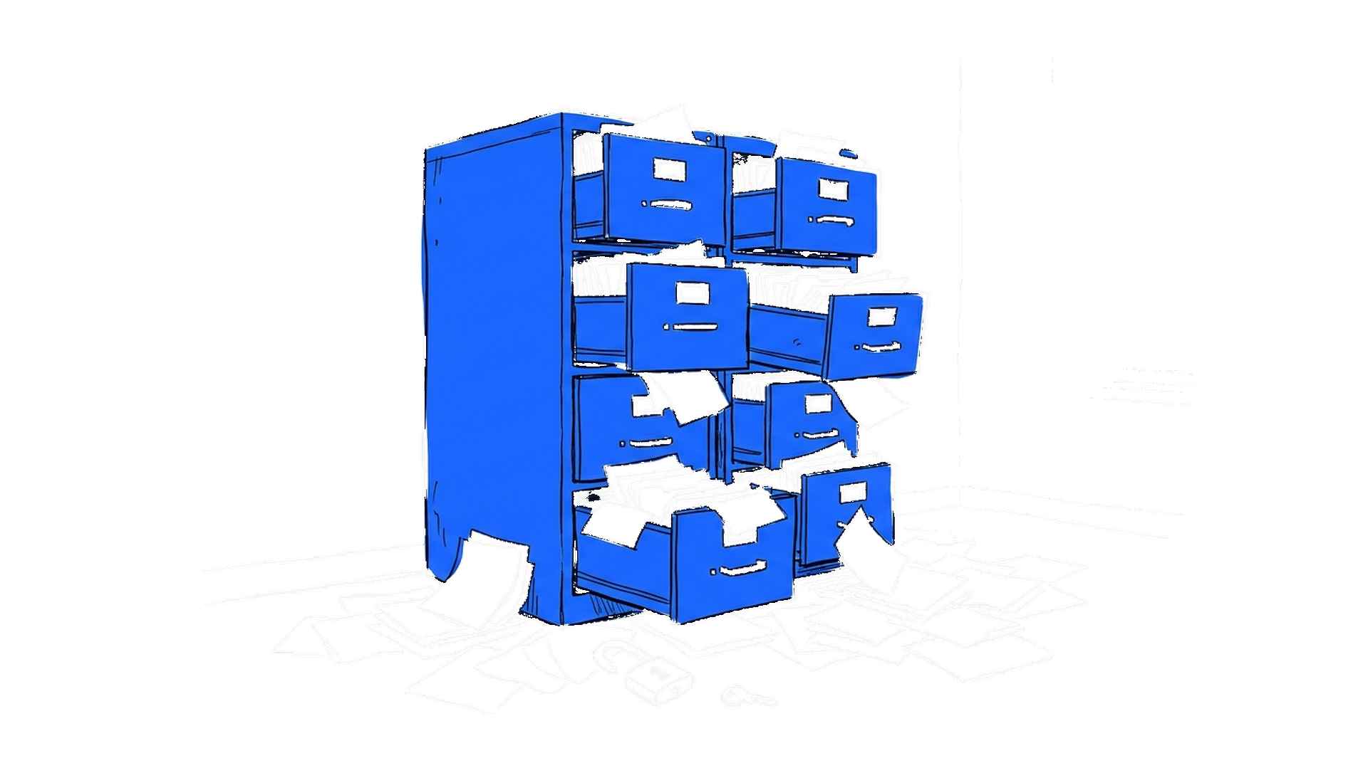Illustration eines Aktenschranks mit weit offen stehenden Schubladen, herausquellenden Papieren und einem offenen Vorhängeschloss am Boden, kinewsletter.ch Stil