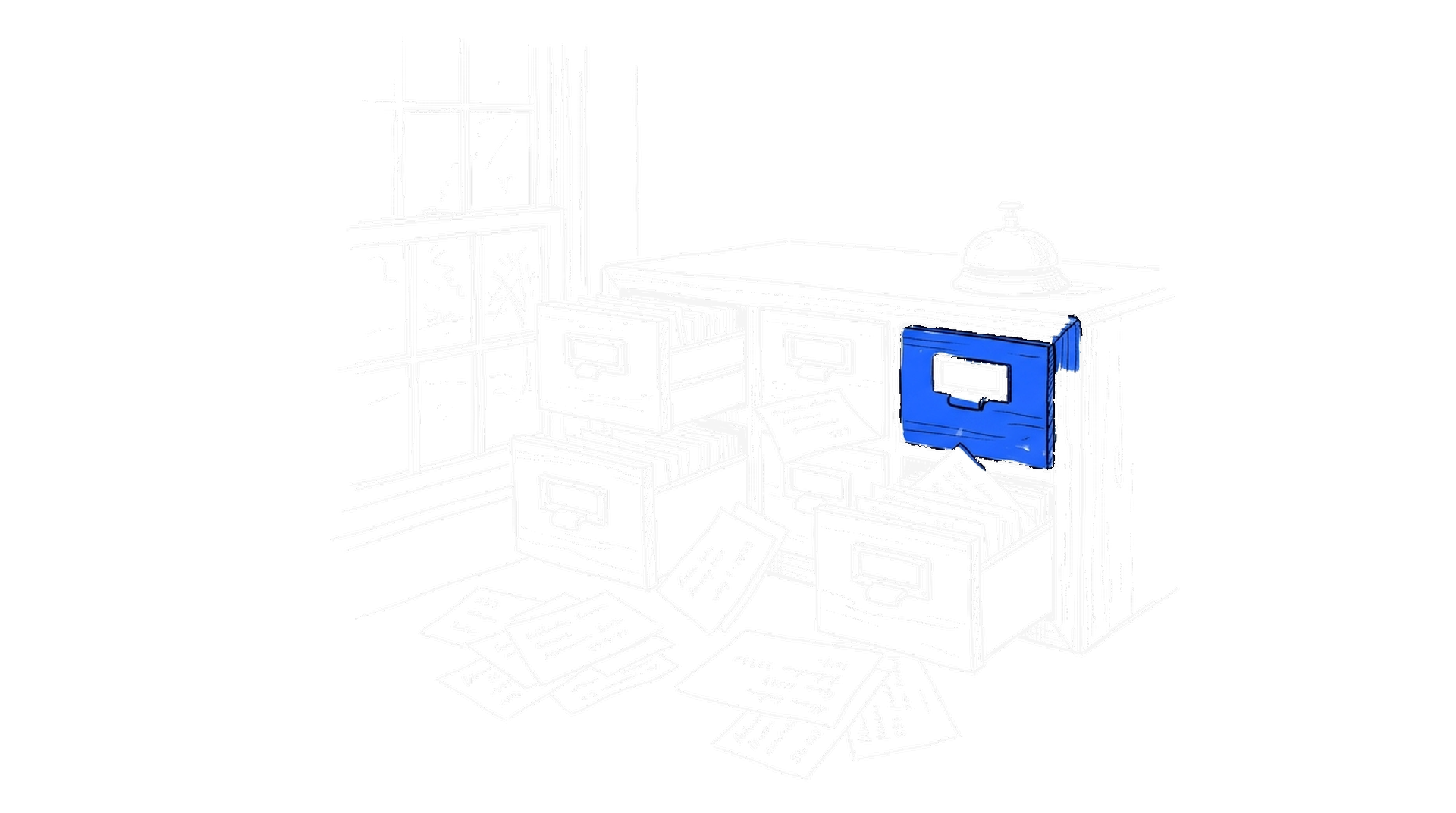 Illustration eines Karteikasten-Schranks mit aufgezogenen Schubladen und verstreuten Karteikarten, kinewsletter.ch Stil