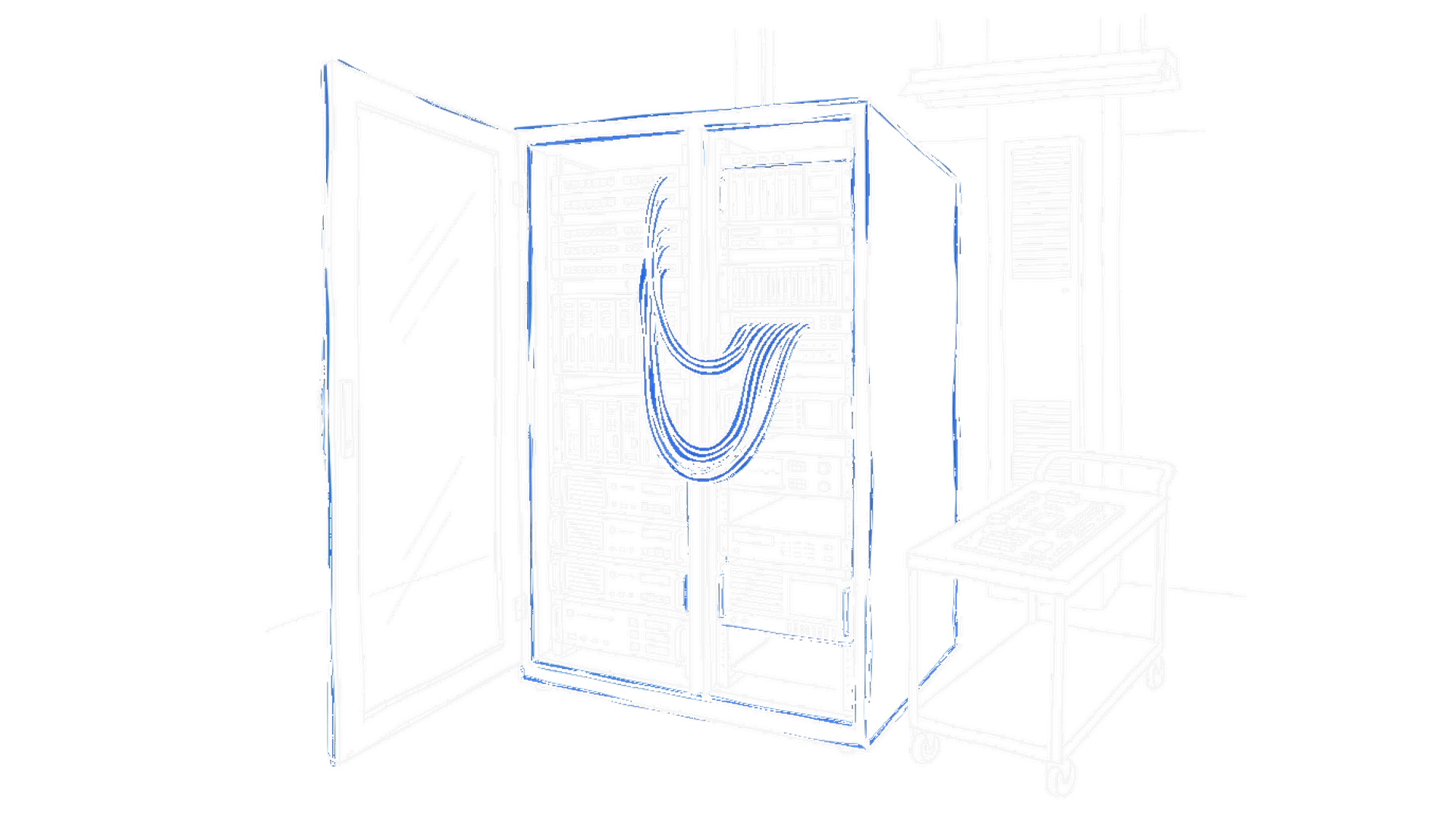 Illustration eines offenen Serverschranks mit Kabelbündel und einer Platine auf einem Wartungswagen, kinewsletter.ch Stil