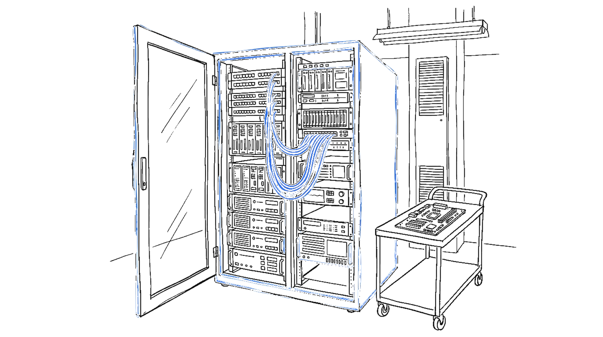 Illustration eines offenen Serverschranks mit Kabelbündel und einer Platine auf einem Wartungswagen, kinewsletter.ch Stil