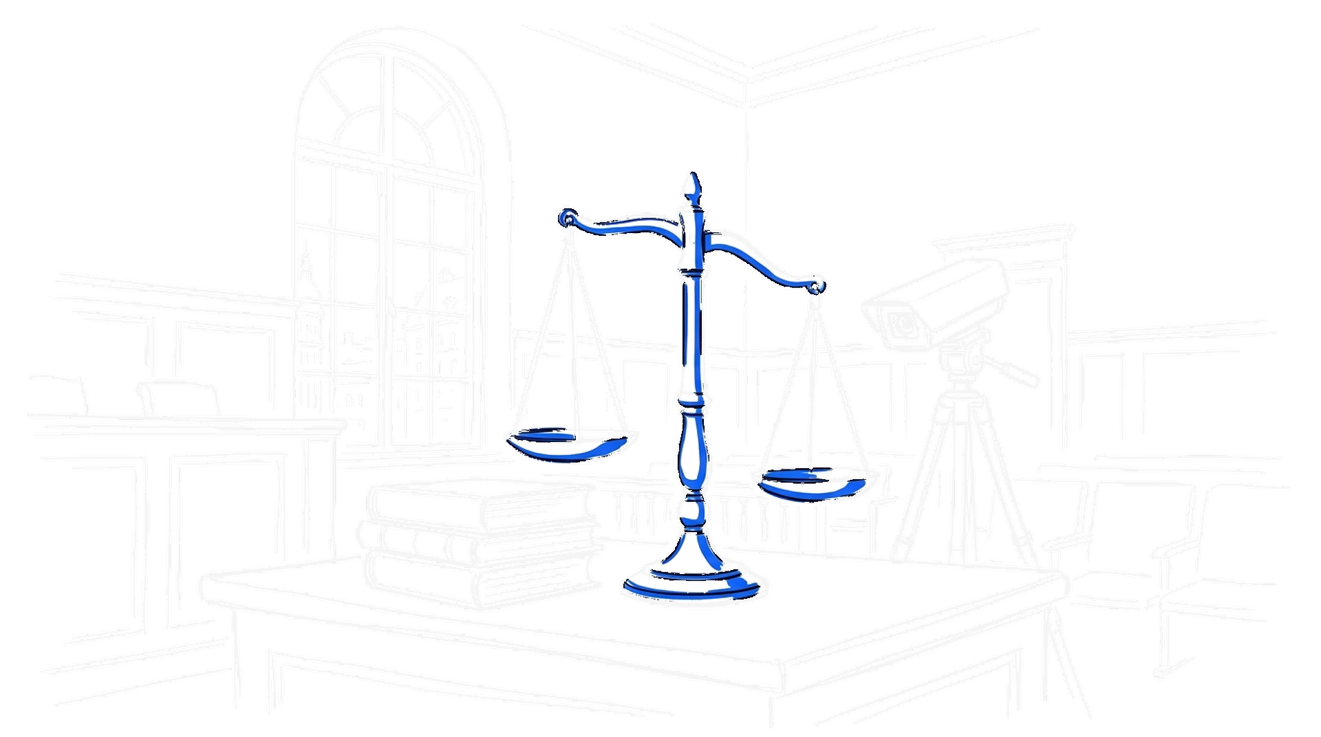 Illustration einer Waage mit Gesetzbüchern und einer Überwachungskamera, kinewsletter.ch Stil