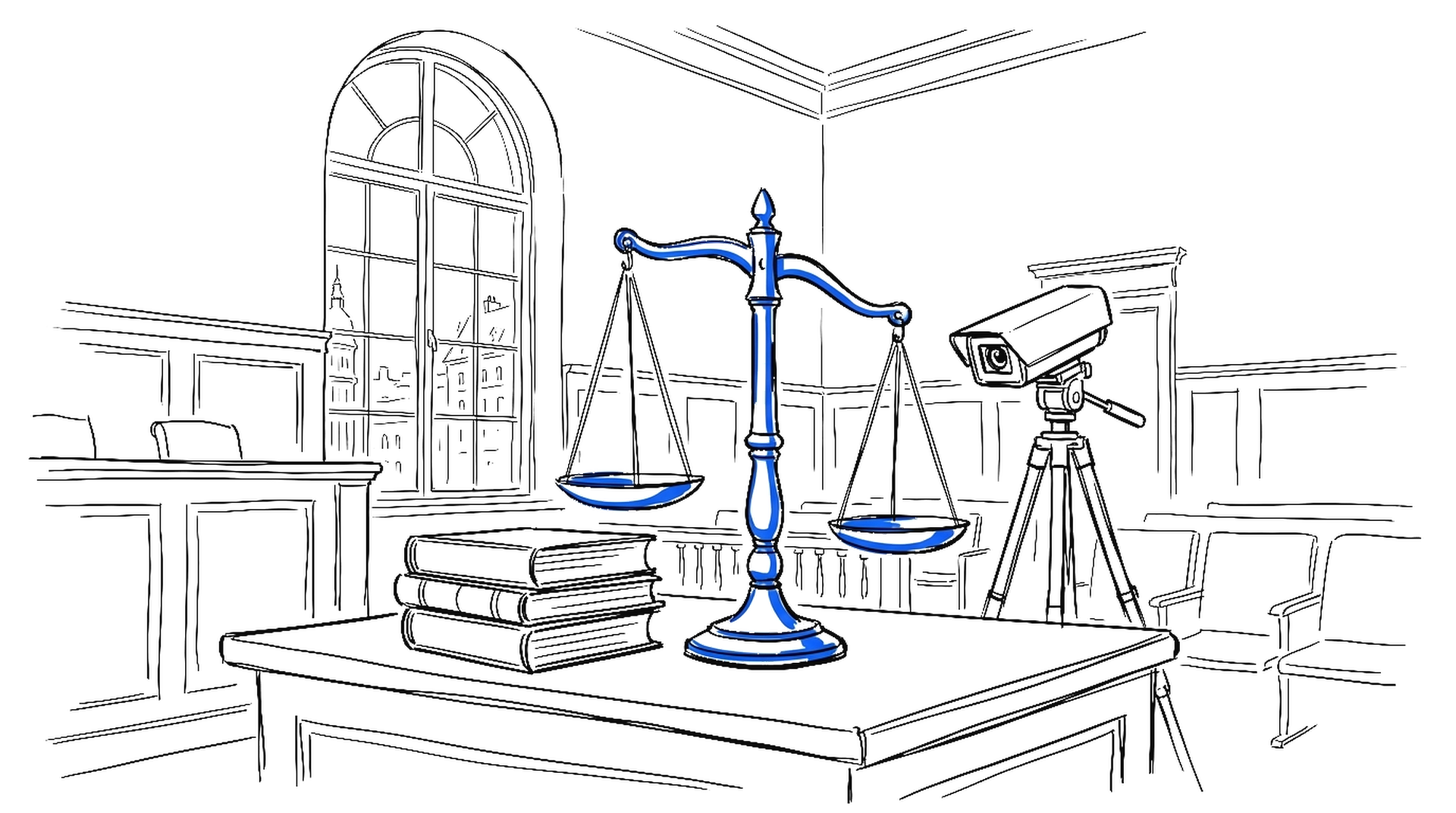 Illustration einer Waage mit Gesetzbüchern und einer Überwachungskamera, kinewsletter.ch Stil