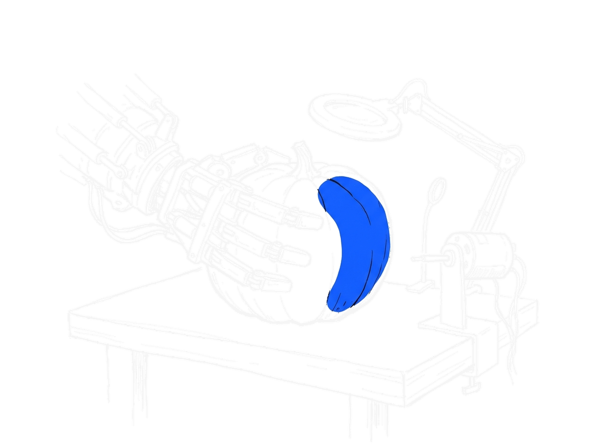 Handgezeichnete Skizze einer Roboterhand, die einen Kürbis auf einer Werkbank ertastet, kinewsletter.ch Stil