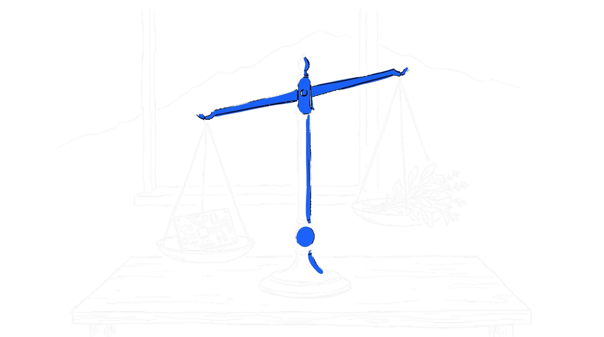Illustration einer Balkenwaage mit einer Platine auf der einen und einem Kräuterbündel auf der anderen Seite, Bergkulisse im Fenster, kinewsletter.ch Stil