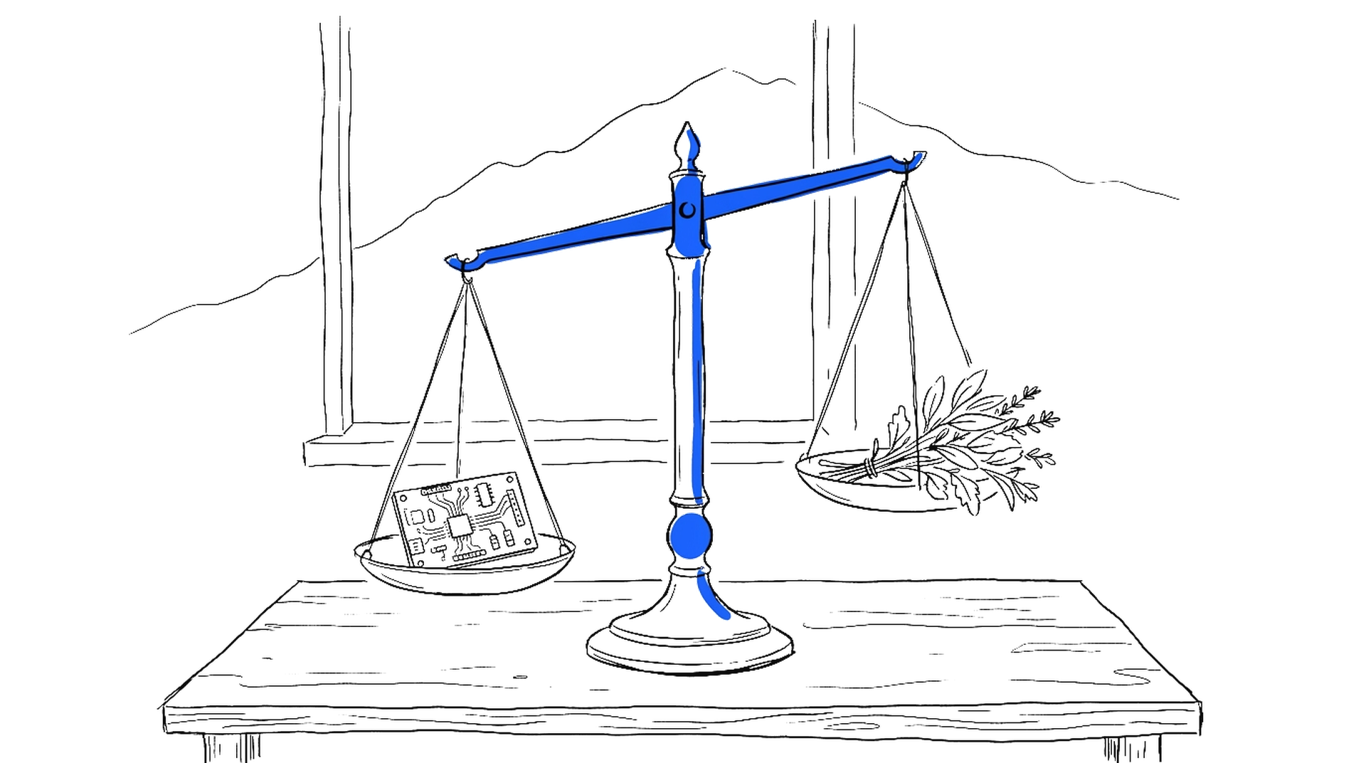 Illustration einer Balkenwaage mit einer Platine auf der einen und einem Kräuterbündel auf der anderen Seite, Bergkulisse im Fenster, kinewsletter.ch Stil